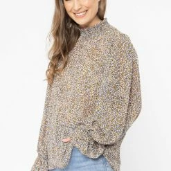 Seeking Lola Fashion Walk This Way Caramel Floral LS Shirred Top