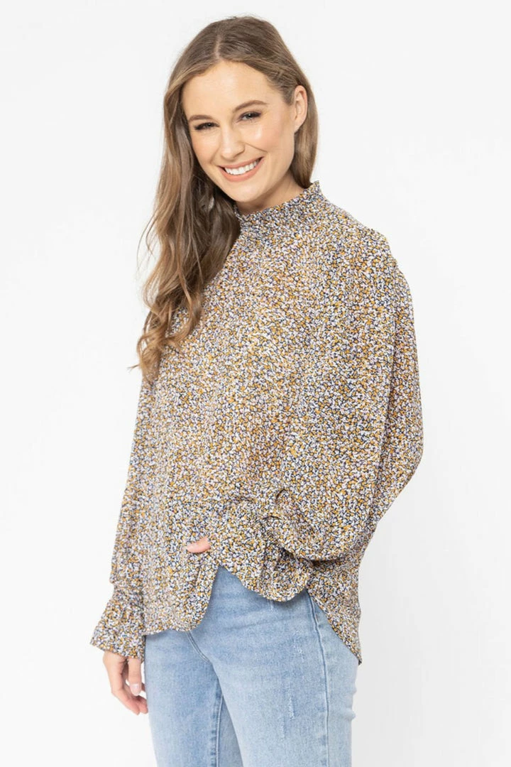 Seeking Lola Fashion Walk This Way Caramel Floral LS Shirred Top