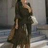 Ivy + Jack Fashion Kendall Khaki Ditsy Blouson LS V Neck Tiered Midi Dress