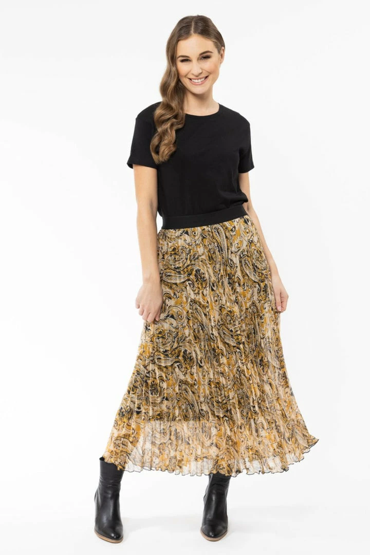 Billie The Label Sunray Golden Paisley Pleated Midi Skirt Fashion
