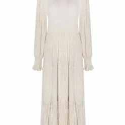 Ivy + Jack Effortless Ecru Shirred Blouson LS Maxi Tiered Dress