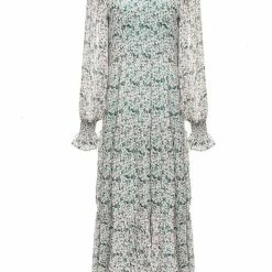 Ivy + Jack Effortless Emerald Leaf Blouson LS Maxi Tiered Dress Fashion