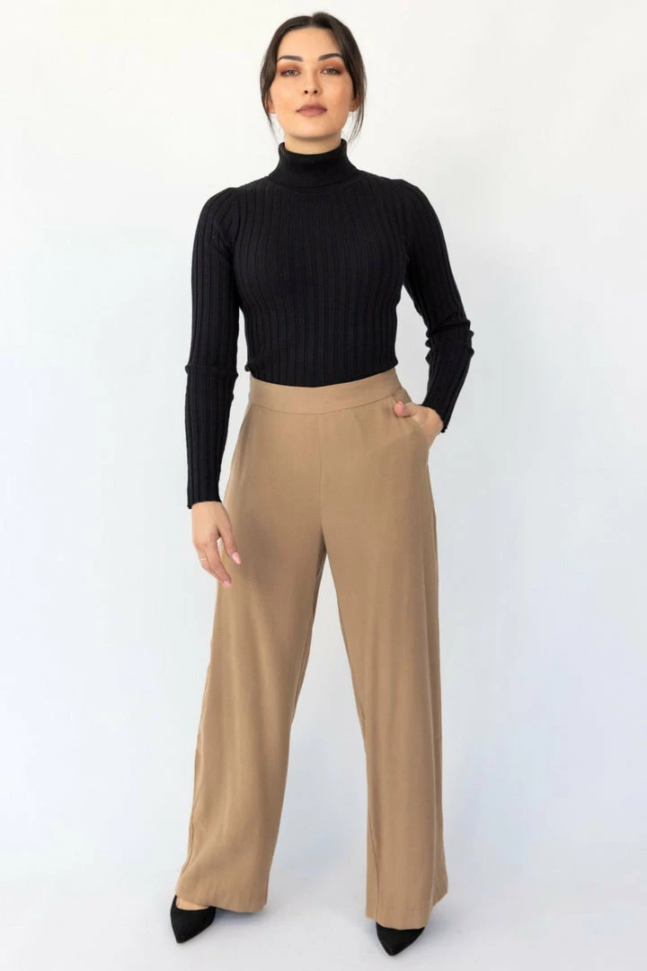 Among The Brave Effortless Caramel Viscose Deep Band Wide Leg Pant