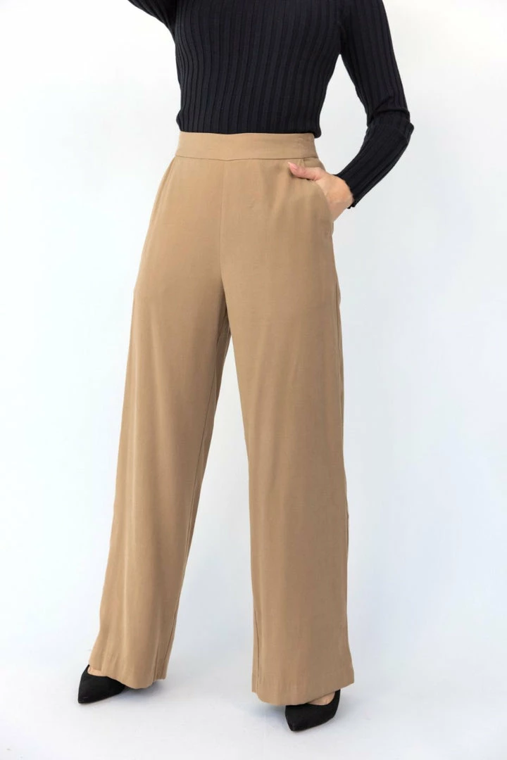 Among The Brave Effortless Caramel Viscose Deep Band Wide Leg Pant