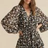 Mink Pink Elena Black Multi Print V Neck Balloon Sleeve Mini Dress