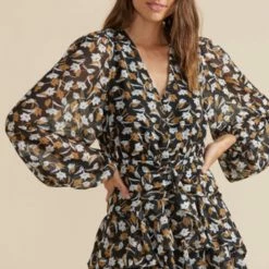 Mink Pink Elena Black Multi Print V Neck Balloon Sleeve Mini Dress