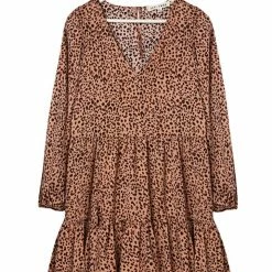 Ivy + Jack Elsa Peach Leopard Satin V Neck Mid Sleeve Smock Dress Fashion