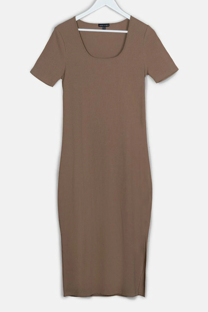 Among The Brave Enchanting Square Neck SS Mushroom Rib Midi Dress Fashion