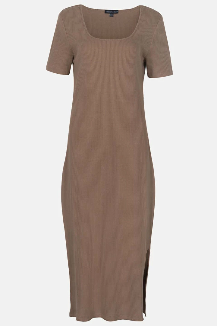 Among The Brave Enchanting Square Neck SS Mushroom Rib Midi Dress Fashion