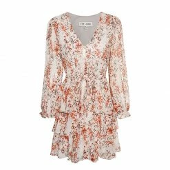 Ivy + Jack Evita Sand Floral LS V Neck Mini Tiered Dress