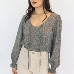 Among The Brave In Love Tobacco Ditsy Floral LS Shirred Cuff Tie V Neck Top Fashion