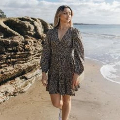 Among The Brave Full Of Life Black Ditsy Floral LS Balloon Sleeve Wrap Tiered Mini Dress Fashion