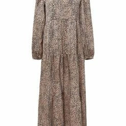 Ivy + Jack Gigi Tan Mini Satin Leopard Blouson LS Tiered Maxi Dress