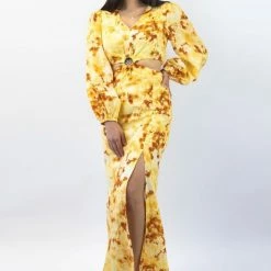 Ivy + Jack Skyler Marigold Floral LS V Neck Waist Cut Out Maxi Dress