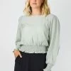 Among The Brave Fashion Pure Sage Crinkle LS Puff Sleeve Shirred Hem Top
