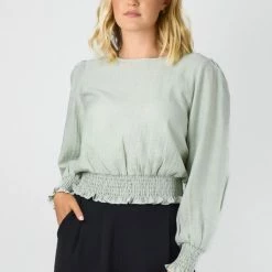 Among The Brave Fashion Pure Sage Crinkle LS Puff Sleeve Shirred Hem Top