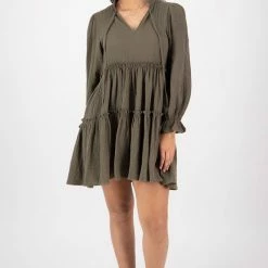 Ivy + Jack Billie Khaki Cotton LS Frill V Neck Tiered Mini Dress