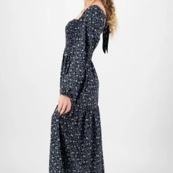 Among The Brave Fashion Alana Blue Floral Tie Back LS Shirred Body Tiered Dress