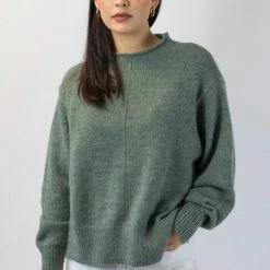 Among The Brave Famous Soft Khaki Mohair Blend Boxy Funnel Neck Knit Fashion