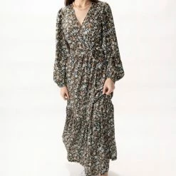 Among The Brave Ocean Dark Khaki Floral Wrap Tiered LS Maxi Dress