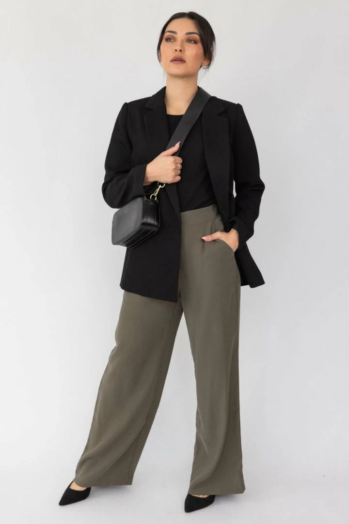 Among The Brave Effortless Khaki Viscose Deep Band Wide Leg Pant Fashion