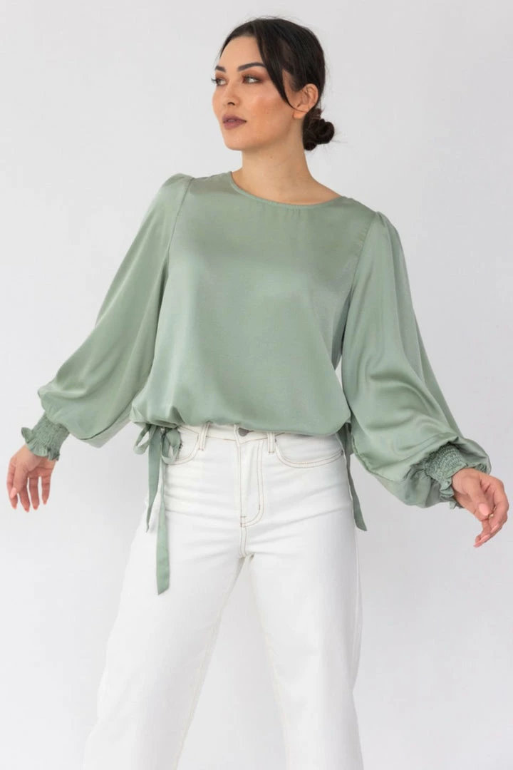 Among The Brave Fashion Violet Sea Foam LS Shirred Cuff Tie Hem Satin Top