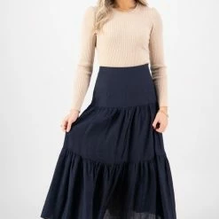 Among The Brave Blazing Navy Tiered Linen Midi Skirt Fashion