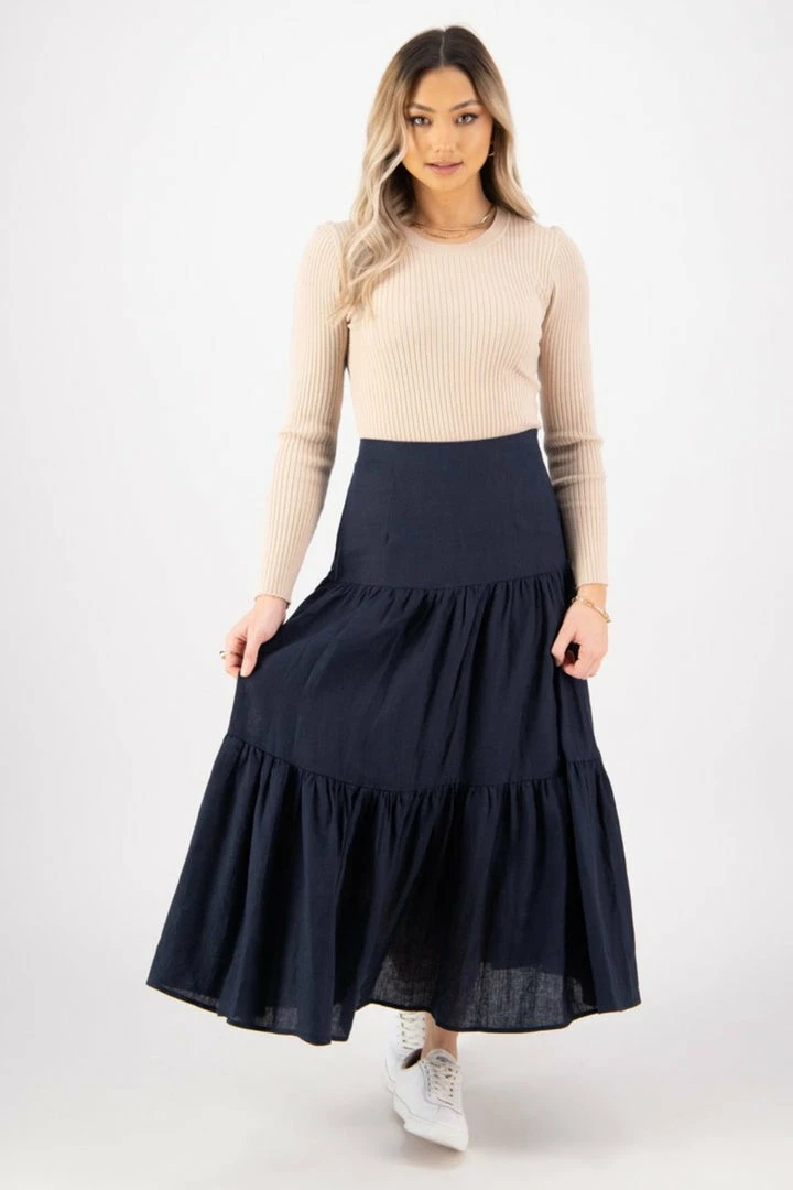 Among The Brave Blazing Navy Tiered Linen Midi Skirt Fashion