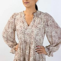 Ivy + Jack Fashion Billie Natural Animal LS Frill V Neck Tiered Mini Dress