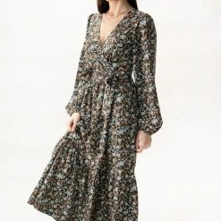 Among The Brave Ocean Dark Khaki Floral Wrap Tiered LS Maxi Dress