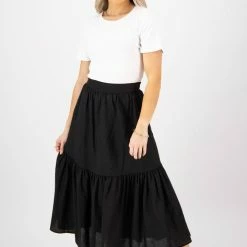 Ivy + Jack Hope Black Linen Tiered Midi Skirt