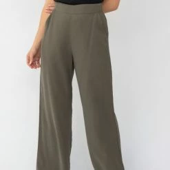Among The Brave Effortless Khaki Viscose Deep Band Wide Leg Pant Fashion
