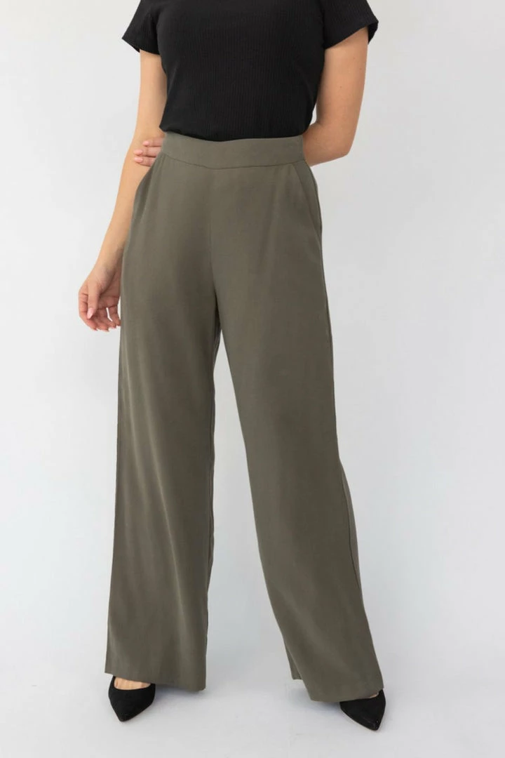 Among The Brave Effortless Khaki Viscose Deep Band Wide Leg Pant Fashion