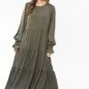 Seeking Lola Fashion Mia Khaki Satin Blouson Sleeve Tiered Maxi Dress