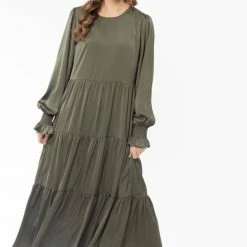 Seeking Lola Fashion Mia Khaki Satin Blouson Sleeve Tiered Maxi Dress