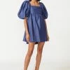 Aureta Lacey Puff Sleeve Midnight Blue Mini Dress