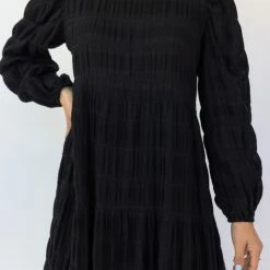 Ivy + Jack Fashion Gigi Black Shirred Cotton Blouson LS Tiered Maxi Dress