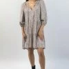 Among The Brave Gemini Chocolate Ditsy Animal Puff Mid Sleeve Button Front Tiered Mini Dress Fashion