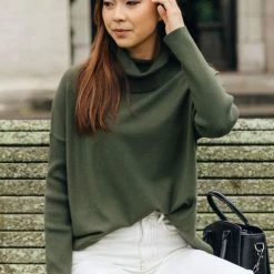 Among The Brave Vital Dark Khaki Soft Fine Gauge Relaxed Roll Neck Knit Fashion