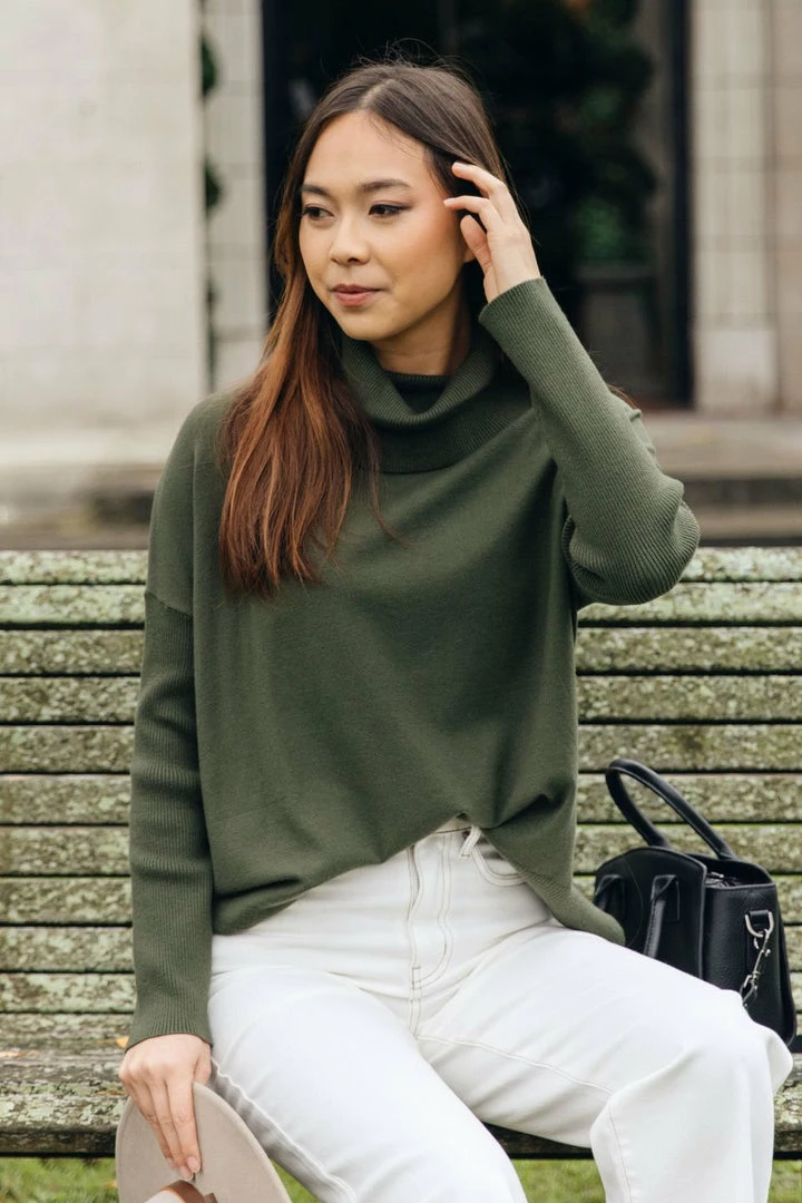 Among The Brave Vital Dark Khaki Soft Fine Gauge Relaxed Roll Neck Knit Fashion