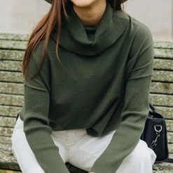 Among The Brave Vital Dark Khaki Soft Fine Gauge Relaxed Roll Neck Knit Fashion
