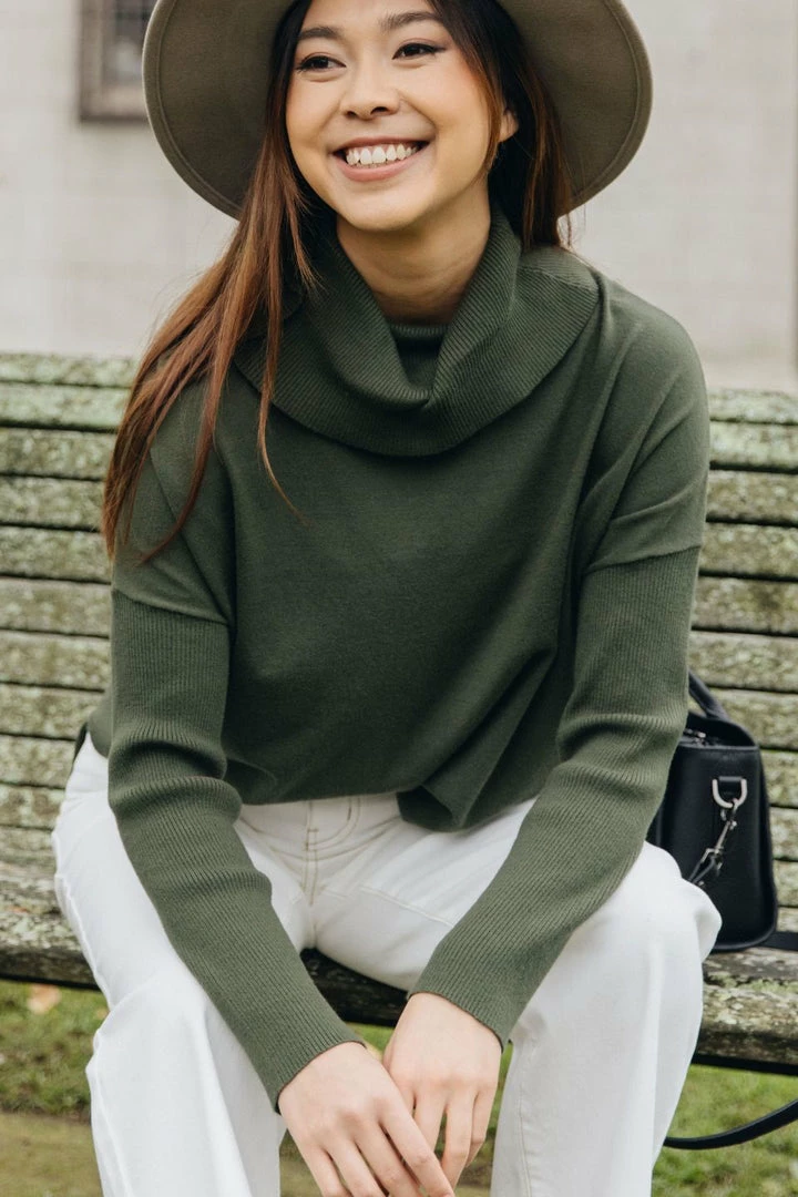 Among The Brave Vital Dark Khaki Soft Fine Gauge Relaxed Roll Neck Knit Fashion