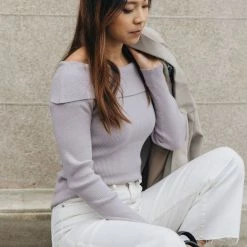 Among The Brave Sasha Dusty Lilac Off Shoulder Rib Knit Top Fashion