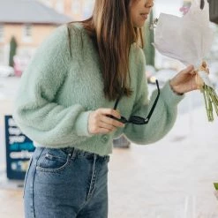 Among The Brave Fashion Tender Sage Fluffy Blousen Sleeve Cropped Cardigan