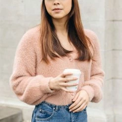 Among The Brave Fashion Tender Toffee Eyelash Yarn Blouson Sleeve Knit Cardigan