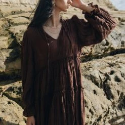 Ivy + Jack Fashion Billie Cocoa Shirred Cotton LS Frill V Neck Tiered Mini Dress