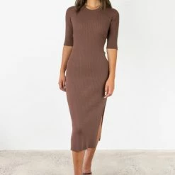 Among The Brave Fashion Faith Chocolate Rib Knit Half Sleeve Midi Dress