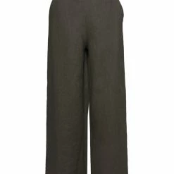 Among The Brave Freedom Dark Khaki Flat Front Deep Waistband Wide Leg Linen Pant Fashion