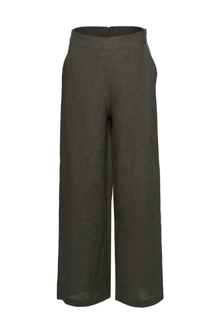 Among The Brave Freedom Dark Khaki Flat Front Deep Waistband Wide Leg Linen Pant Fashion