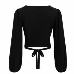 Among The Brave Full Moon Black Shimmer LS Puff Sleeve Plunge Ring Crop Top